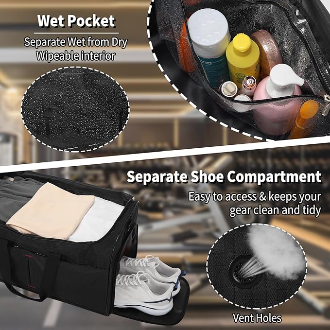 21 inch Gym Bag for Men with Shoe & Wet Compartment - 55L Duffle Bag for Travel Sport (Black)