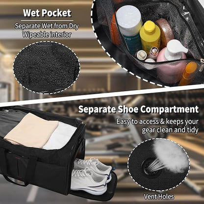 21 inch Gym Bag for Men with Shoe & Wet Compartment - 55L Duffle Bag for Travel Sport (Black)