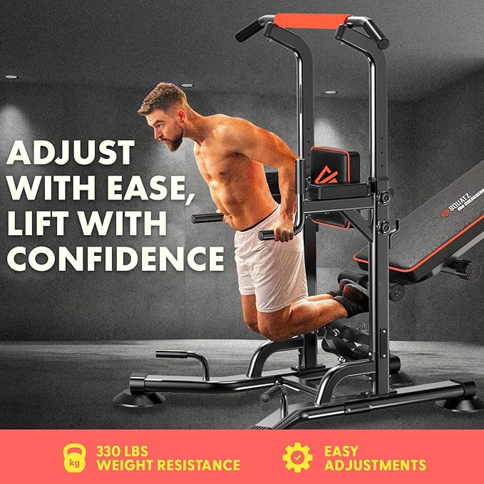 SQUATZ Pull-Up Workout Station with Bench - Multifunctional Gym Equipment Setup w/Pulling Bar, Sit-Up Board, Backrest, Elbow Pad, & Steel Main Frame, Great for Home Exercise and Weight Training