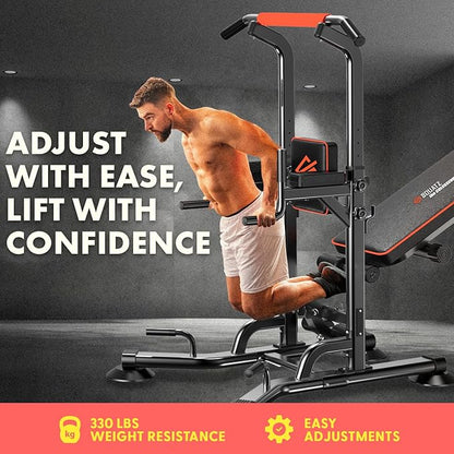 SQUATZ Pull-Up Workout Station with Bench - Multifunctional Gym Equipment Setup w/Pulling Bar, Sit-Up Board, Backrest, Elbow Pad, & Steel Main Frame, Great for Home Exercise and Weight Training