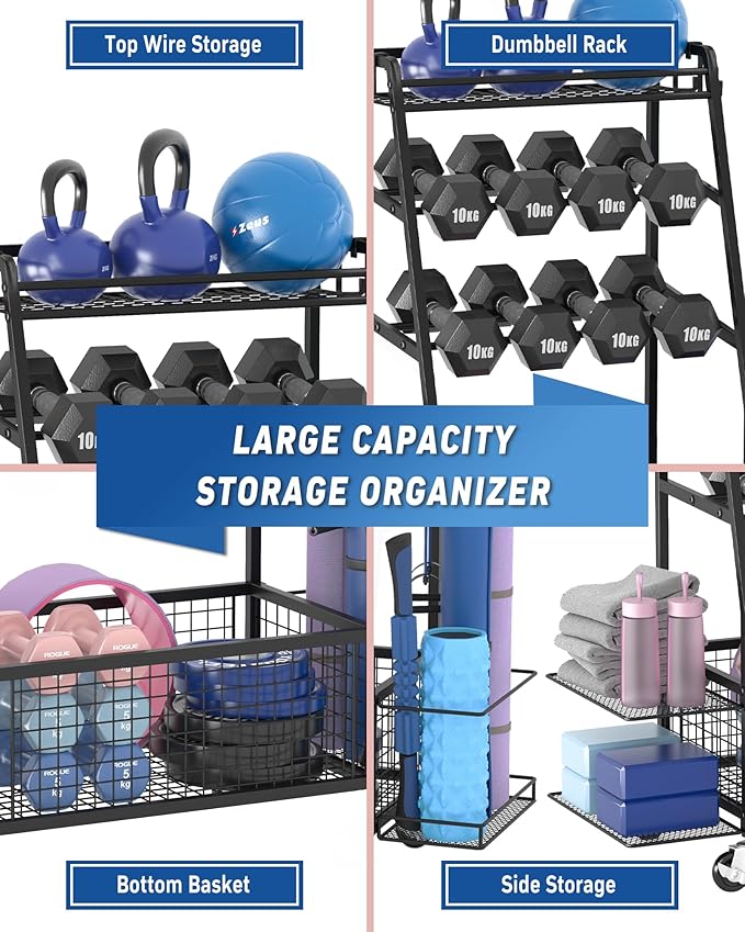 Weight Rack for Dumbbells - Home Gym Storage Rack - Dumbbell and Weight Organizer with 4 Flexible Wheels and Unique Storage on Both Sides