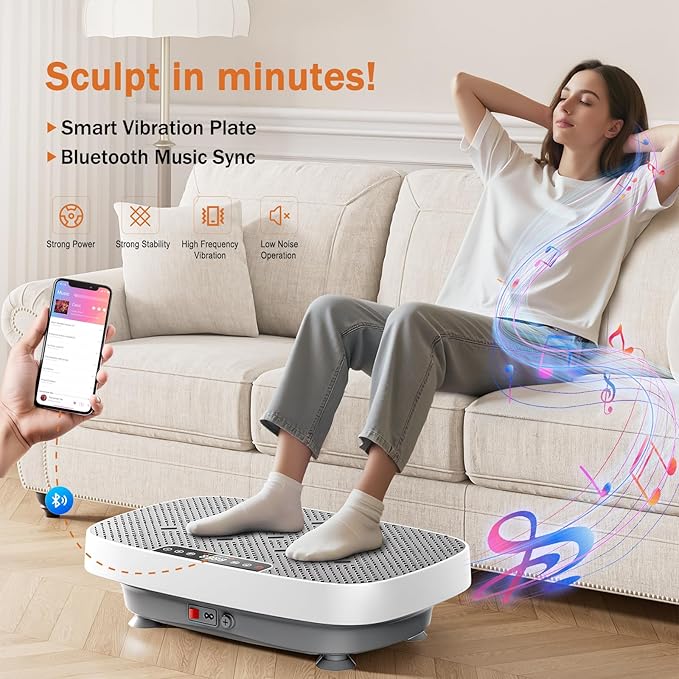 Vibration Plate Exercise Machine, Vibration Plate for Lymphatic Drainage & Body Toning, Whole Body Vibration Plate Platform with Bluetooth, Ultra-Quiet Home Gym Equipment, Resistance Bands