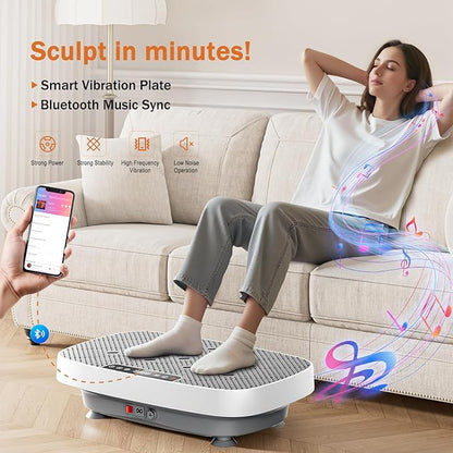 Vibration Plate Exercise Machine, Vibration Plate for Lymphatic Drainage & Body Toning, Whole Body Vibration Plate Platform with Bluetooth, Ultra-Quiet Home Gym Equipment, Resistance Bands