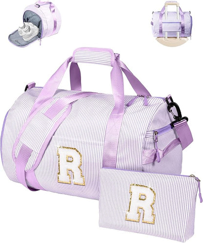 Gifts for Teenage Girls, Girl Gym Bag, Kids Initial Overnight Duffel Bags with Shoe Compartment, Personalized Dance Bag with Makeup Pouch, Easter Basket Essentials (Letter R)