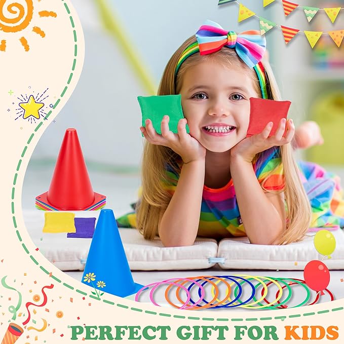 31PCS 3 in 1 Carnival Outdoor Games Combo Set for Kids, Soft Plastic Cones Bean Bags Ring Toss Games, Kid’s Gift for Birthday Party Outdoor Games Supplies, Throwing Backyard Lawn Family Toys