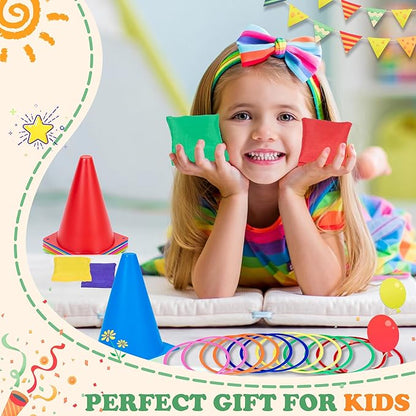 31PCS 3 in 1 Carnival Outdoor Games Combo Set for Kids, Soft Plastic Cones Bean Bags Ring Toss Games, Kid’s Gift for Birthday Party Outdoor Games Supplies, Throwing Backyard Lawn Family Toys