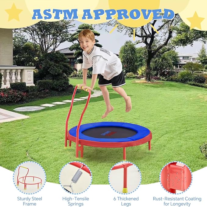 SPORTSOUL Mini Trampoline for Kids 3-6 with Super Safe Foam Handle Bar, 3ft Toddler Trampoline Indoor with No-Gap Cover for Indoor and Outdoor