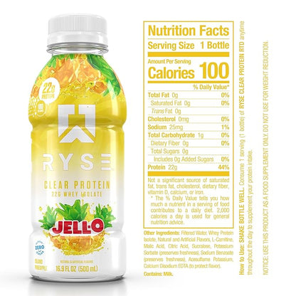 RYSE Clear Protein Shake - Jell-O Island Pineapple - 100 Calories, 22g Whey Isolate Protein, Sugar-Free, 0g Fat & Lactose-Free - Refreshing Ready-to-Drink Beverage - 16.9 fl oz Bottles (12-Pack)