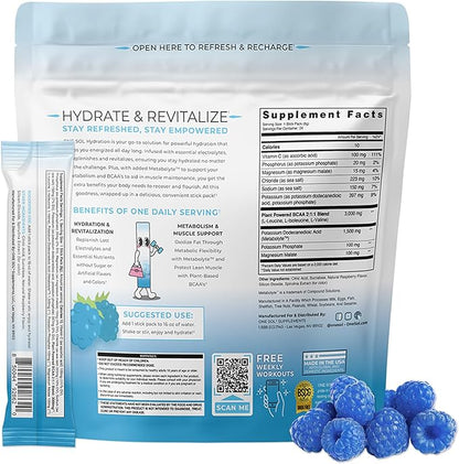 One Sol BCAA & Electrolyte Powder for Hydration & Energy, All-Natural Formula, 100% Vegan, Non-GMO, Gluten Free & Soy-Free, Promotes Muscle Growth & Recovery, Natural Blue Raspberry Flavor
