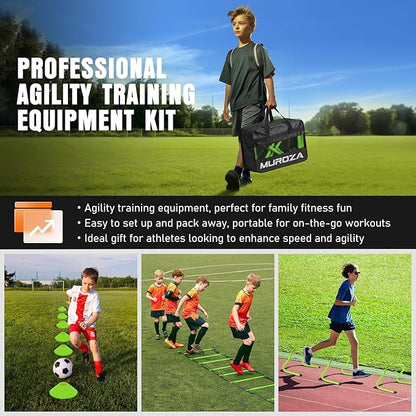 Agility Ladder, Speed Training Equipment Set, 20ft Agility Ladder, 12 Soccer Cones, 4 Hurdles, Jump Rope, Running Parachute, Basketball Football Soccer Training Equipment for Kids, Youth, Adults