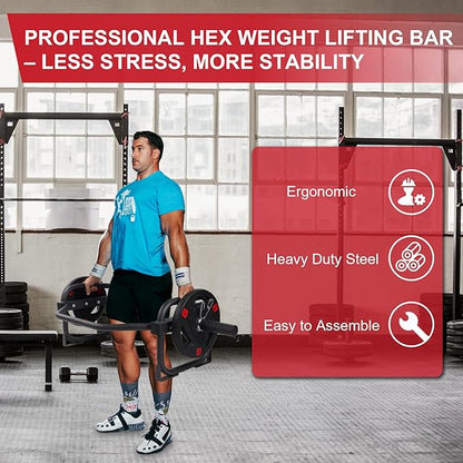 Olympic 2-Inch Hex Weight Lifting Trap Bar for Strength Training, 500-Pound Capacity, Safety Clips, Home Gym for Shoulder Presses, Shrugs, Back Rows