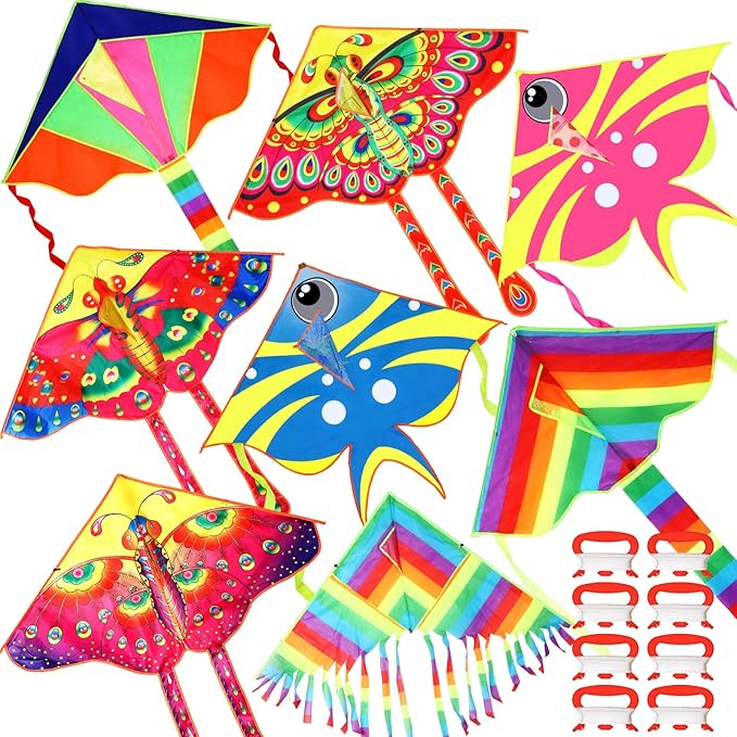 8 Pack Kites for Kids Butterfly Fish Rainbow Delta Pattern with 8 Pcs 109 Yard Kite String Large Easy to Fly for Children Adults Spring Outdoor Beach Games