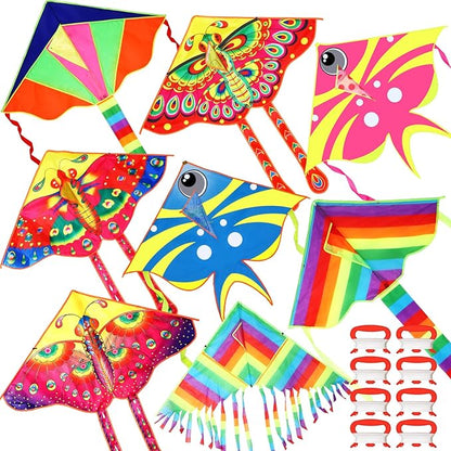 8 Pack Kites for Kids Butterfly Fish Rainbow Delta Pattern with 8 Pcs 109 Yard Kite String Large Easy to Fly for Children Adults Spring Outdoor Beach Games