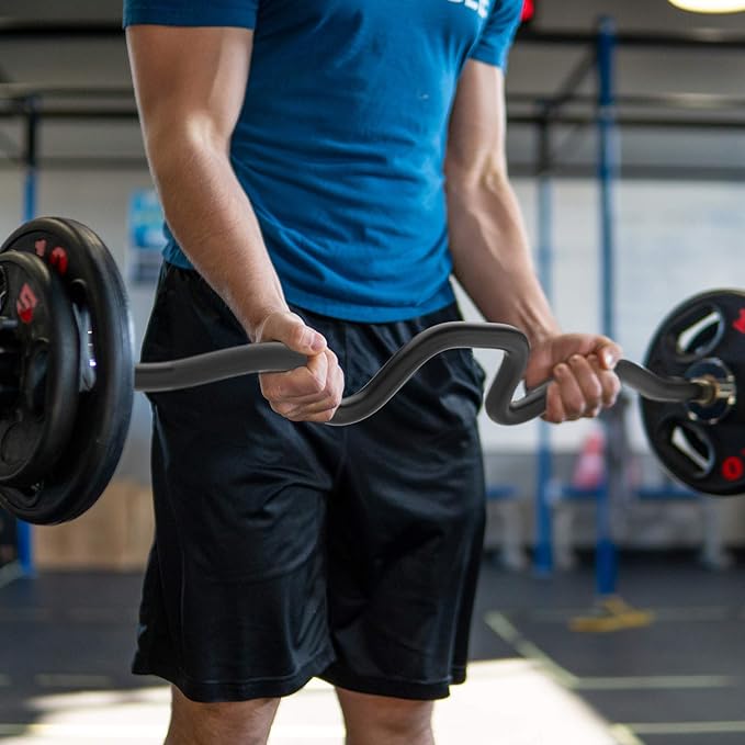 Synergee Commercial Super EZ Curl Olympic Bar Chrome, Black Phosphate and Red with Powder Coated Brass Bushings Excellent for Bicep Curls and Triceps Extensions