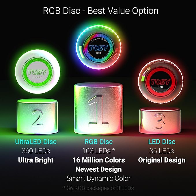 TOSY Bundle of 3 - RGB Black + Blue + Green - Frisbee 108 LEDs, 16 Million Colors