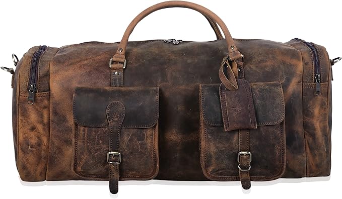 KomalC 28 inch Duffel Bag Travel Sports Overnight Weekend Leather Duffle Bag for Gym Sports Cabin Holdall bag (Distressed Brown)