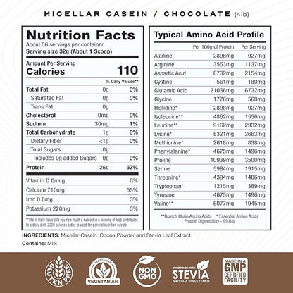 Muscle Feast Grass Fed Micellar Casein Protein Powder, Pasture Raised & Hormone Free, Slow Digesting Casein Protein - Supports Overnight Muscle Recovery, Gluten Free Protein Powder - Chocolate, 4lb