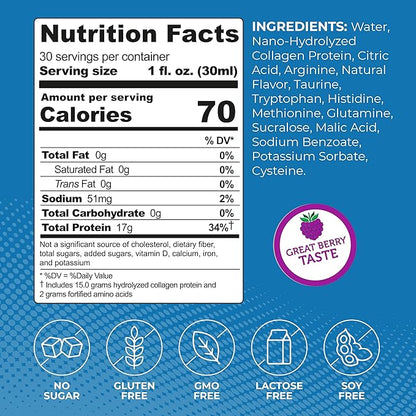 Liquid Collagen Protein Shot, 17g Clear Protein Nano-Hydrolyzed Grass Fed Collagen, 2g Arginine for Wound Support, Gluten Free, Sugar Free, 0g Carbs, Non GMO, Berry, 30 fl oz Bottle