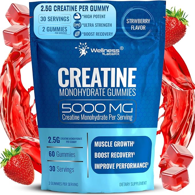 Creatine Gummies 5000mg, 30 Servings Creatine Monohydrate Gummies - Third-Party Tested Creatine for Women, Strawberry Flavor Creatine for Men, Muscle Growth, Strength, and Recovery - Pack of 1