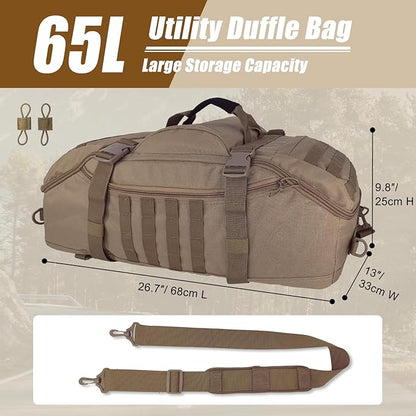 65L Large Travel Gym Duffle Bag Military Tactical Backpack, Army Pack 3 Day Bug Out Bag Rucksack for Outdoor Sport Hiking Camping with Molle System, Coyote