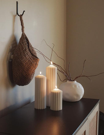 LAWA Ribbed Peak Pillar Candle - Large Beautiful Handmade Pillar Scented Soy Wax Candle Elegant Bubble Aesthetic Candle Housewarming Gift Home Room Shelf Decor Idea White (Set of 3, White)