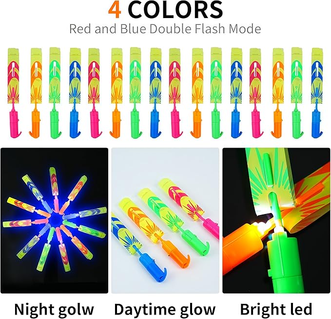 25 Packs LED Flying Toys Set with Whistle,25 Rocket Slingshot+25 Glow Arrow Helicopter for Summer Outdoor Camping Toys Game LED Slingshot Toy for Kids Glow in The Dark Party Supplies 8-12,4-8