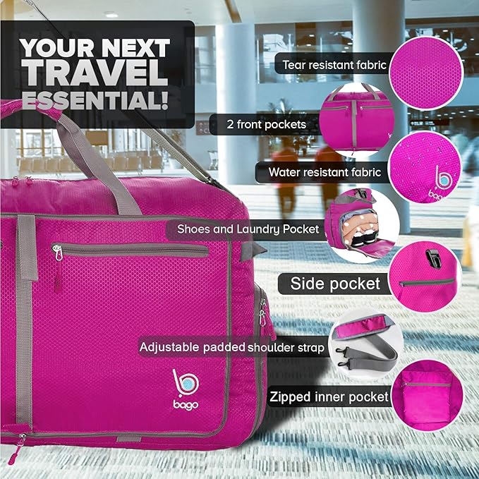 Bago Big XXL Foldable Duffel Bags for Traveling Women & Men - 140L Packable Duffle Bag for Travel with Shoe Compartment - Water Repellant, Heavy Duty, Lightweight Folding & Collapsible (Pink)