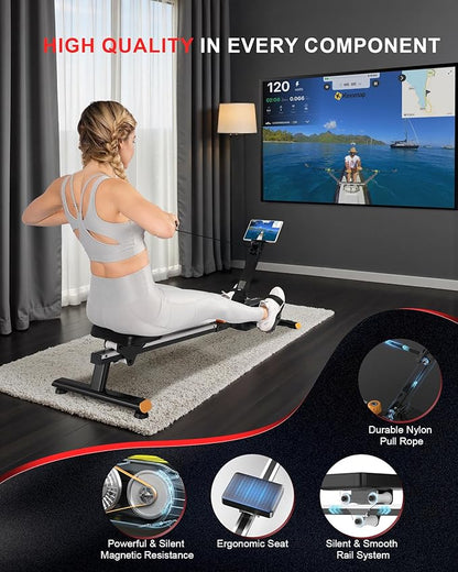 Magnetic Rowing Machines for Home, Rower Machine with 16 Levels Powerful Silent Magnetic Resistance, 350lbs Weight Capacity, LCD Monitor, Silent Rail System, Compact Row Machine for Home Gym Exercise