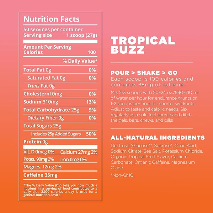 Tailwind Nutrition Endurance Fuel, Carbohydrate & Electrolyte Sports Drink Mix Powder, Gluten-Free, Vegan, Tropical Buzz, 30 Servings (Caffeinated)
