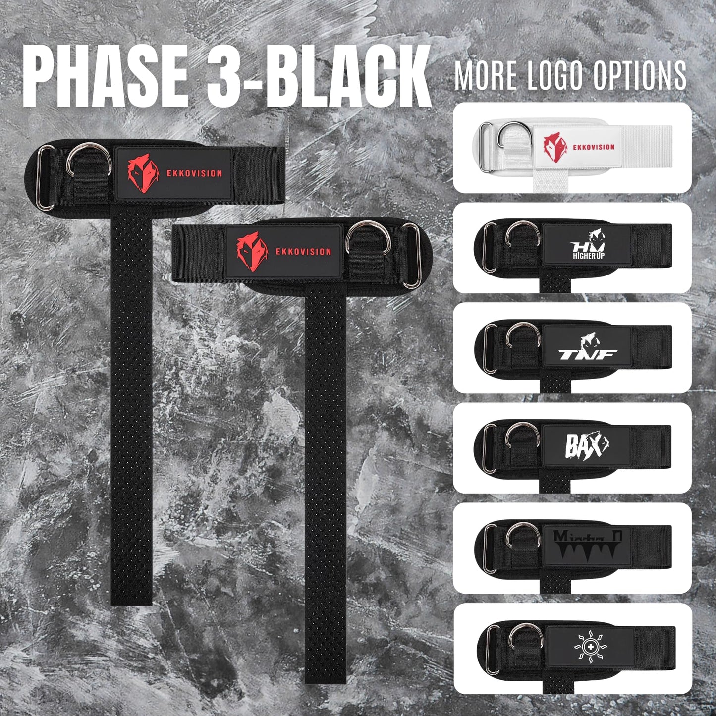 Ekkovision Weight Lifting Straps, Cuffed D Ring, Phase 3 Logo, Black