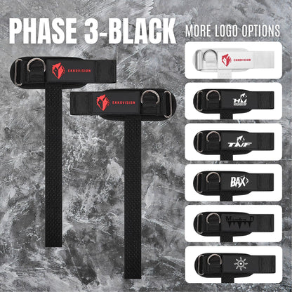 Ekkovision Weight Lifting Straps, Cuffed D Ring, Phase 3 Logo, Black