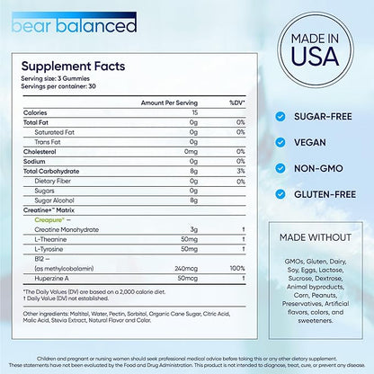 Creatine Gummies for Men & Women - Creatine Monohydrate, L-Theanine, L-Tyrosine & B12 for Muscle Growth, Strength, and Focus - Low Calorie, Sugar-Free, Vegan & Gluten-Free, 2 Pack