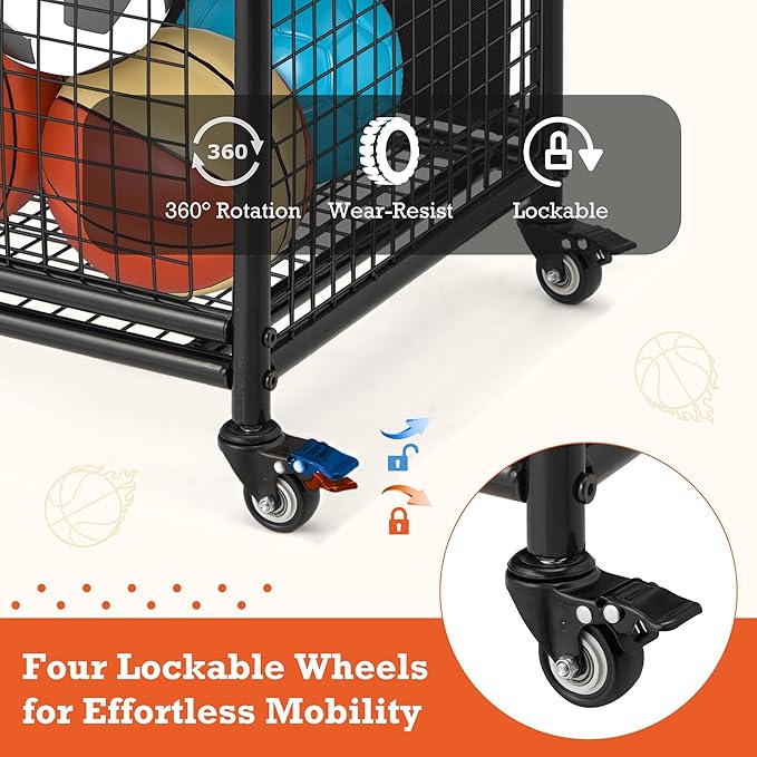 AECOJOY Ball Cart Storage, Rolling Basketball Bin with Wheels for Garage, School, Gym, Sports Equipment and Toy Organizer, Indoor & Outdoor