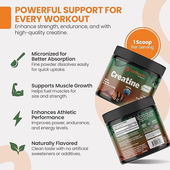 EarthNutri Creatine Monohydrate Powder - Pure Creatine Supplement for Muscle Growth, Strength & Performance - Non-GMO, Sugar-Free, Additive-Free – for Men & Women, Flavored 250g