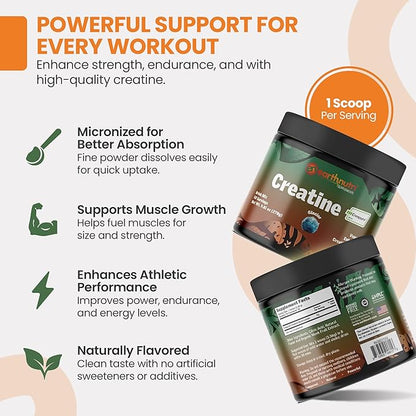 EarthNutri Creatine Monohydrate Powder - Pure Creatine Supplement for Muscle Growth, Strength & Performance - Non-GMO, Sugar-Free, Additive-Free – for Men & Women, Flavored 250g