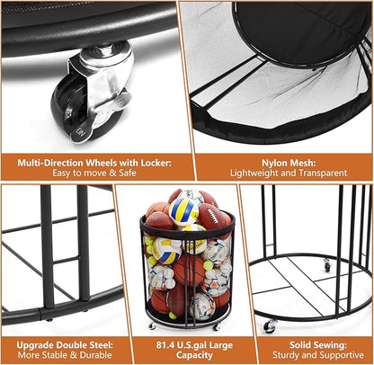 Ball Storage Bin for Garage, Balls Holder for Soccer, Basketball, Ball Cart, Rolling Basketball Rack for Outdoor, Indoor
