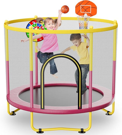 6FT Indoor Trampoline for Kids Ages 1-8, 72" Mini Toddler Indoor & Outdoor Trampoline with Safety Enclosure Net, Basketball Hoop & Dart Board, Birthday Gifts for Boys & Girls, Baby Toddler