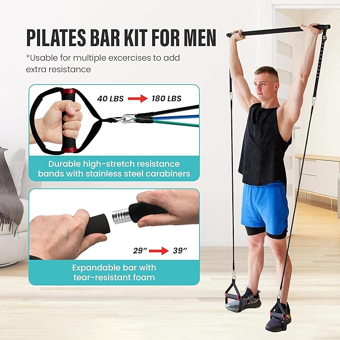 Upgraded Pilates Bar Kit ??39??Adjustable Exercise Equipment for Men, Women with 6X 20, 30, 40 lbs Resistance Bands with Adjustment Buckle ??Pilates Equipment for Home Workouts for All Fitness Levels