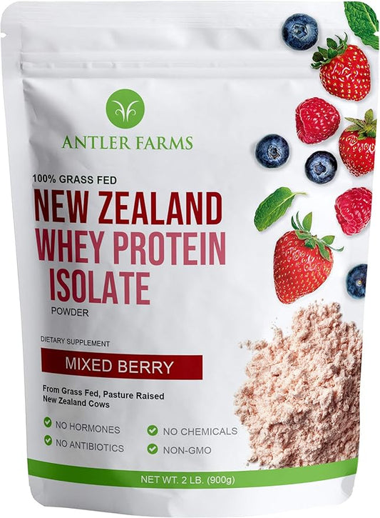 Antler Farms - 100% Grass Fed New Zealand Whey Protein Isolate, Mixed Berry Flavor, 30 Servings, 2 lbs - Delicious, Cold Processed, Rapidly Absorbed, Keto Friendly, NO-Hormones, NO-GMOs