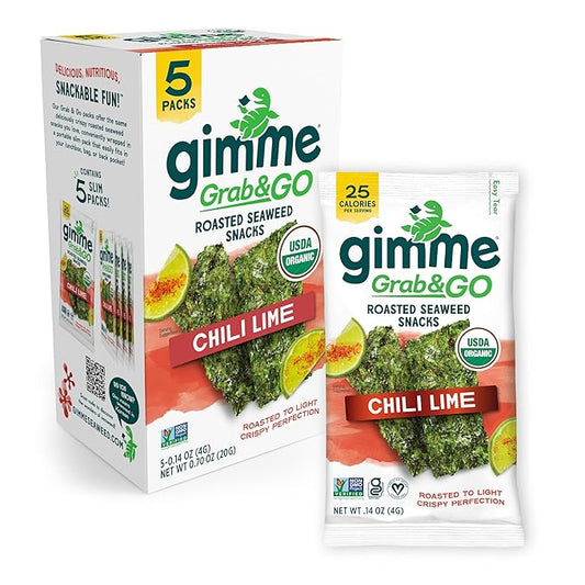 Gimme Seaweed Grab & Go Organic Premium Roasted Seaweed Snacks, Chili Lime, 5 Count Trayless, Keto