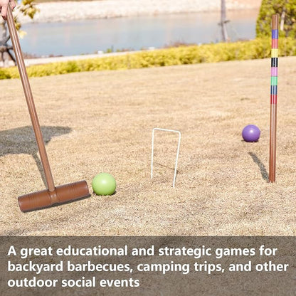 Brown Croquet Set for Adults - 8 Players Croquette Kit with 35In Deluxe, 32In Regulation Size Rubber Wood Mallets, Colored PE Ball, Wickets, End Stakes, Lawn Backyard Game for Families