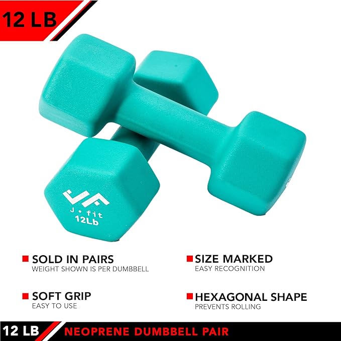 JFIT Dumbbell Pairs or Sets – Neoprene & Vinyl Coated Hand Weights for Home Gym, Strength Training, Aerobics, Cardio Exercise and Fitness
