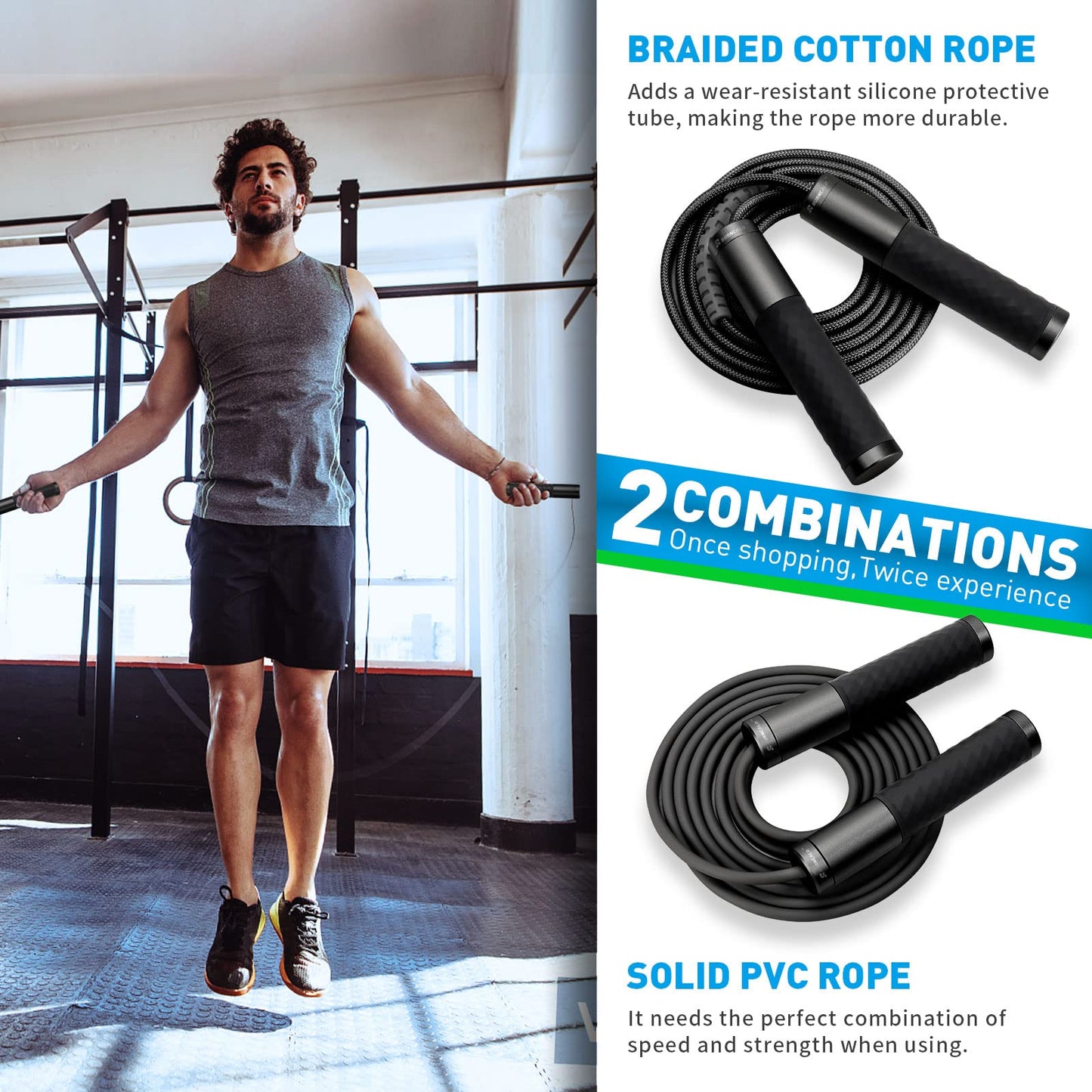 BURNCALO Weighted Jump Rope for Fitness, Skipping Rope for Men Women, Metal Heavy Handles, Ball
