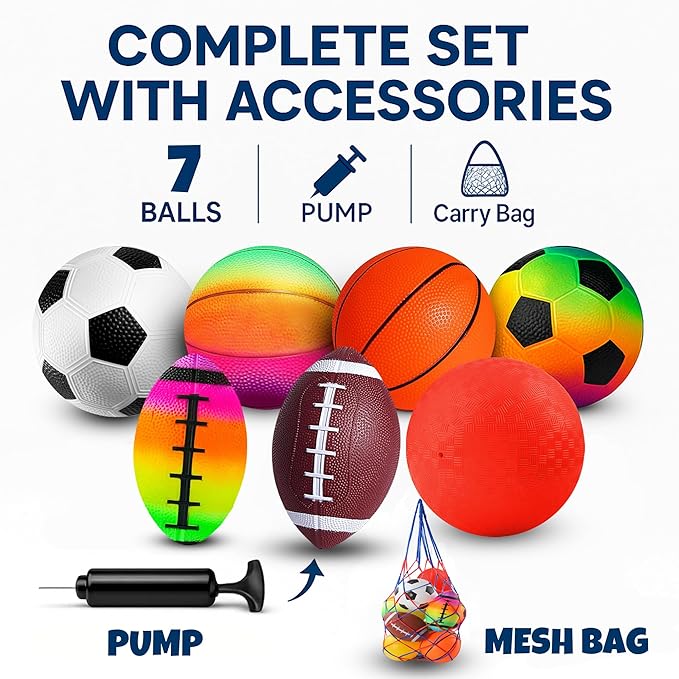 8.5 Inch Sports Balls Set 7 Pack,Playground Balls for Kids&Adults, Includes Soccer Ball, Basketball, and Football,Rainbow Ball for Outdoor & Indoor Games, Boys and Girls Gift with Gift Box