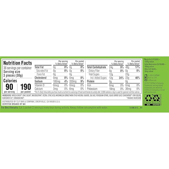 CLIF BLOKS - Salted Watermelon Flavor with 2X Sodium - Energy Chews - Non-GMO - Plant Based - Fast Fuel for Cycling and Running - Quick Carbohydrates and Electrolytes - 2.12 oz. (18 Count)