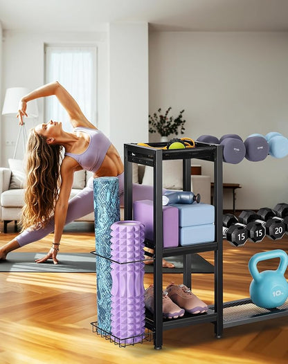 3-Tier Dumbbell Rack Stand Only - Adjustable Weight Rack for Home Gym, Heavy-Duty Weight Stand for Dumbbells Kettlebells Foam Roller Yoga Mats, Workout Equipment Storage Organizer With Hooks