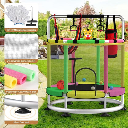 Trampoline for Kids, Adjustable Baby Toddler Trampoline with Basketball Hoop, Round Bottom Indoor Outdoor Toddler with Enclosure