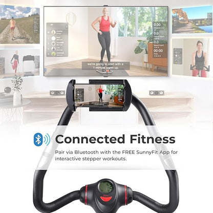 Sunny Health & Fitness 2-in-1 Premium Power Stepper with 400lbs Weight Capacity and Resistance Bands, Low-Impact Cardio, Space-Saving, Height-Adjustable, with Bluetooth and Free SunnyFit App