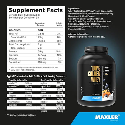 Maxler 100% Golden Whey Protein - 24g of Protein per Serving - Premium Whey Protein Powder for Pre Post Workout - Fast-Absorbing Whey Concentrate, Isolate & Hydrolysate Blend - Blueberry Muffin 5 lb