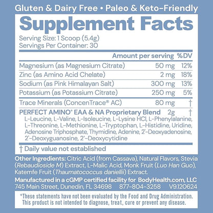 BodyHealth PerfectAmino Electrolytes Powder No Sugar, Keto Sugar Free Fasting Electrolytes Drink Mix, Hydration Powder with Trace Minerals - Orange - 30 Servings